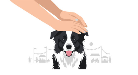 Fototapeta premium A pair of human hands gently pets the head of a happy black and white Border Collie dog, with a blurred outdoor market in the background.