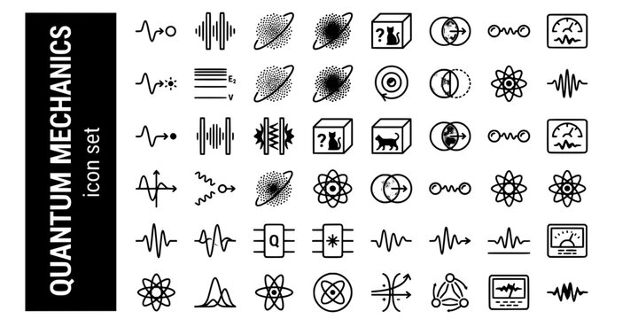 Quantum Mechanics Bold Line Icons-Wave Particle Duality Double Slit Schrodinger Superposition Entanglement Uncertainty-Physics Icon Set Vector - Quantum Icons