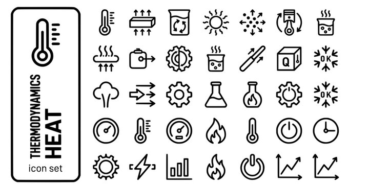 Thermodynamics Heat Transfer Bold Line Icons-Thermometer Conduction Convection Radiation Entropy Carnot Boiling Thermal-25 Thermodynamics Icon Set Vector - Heat Transfer Icons