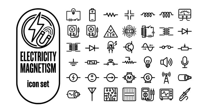 Electricity Magnetism Bold Line Icons-Circuit Battery Resistor Capacitor Voltmeter Ohms Law Magnetic Field Electromagnet-30 Electricity Icon Set Vector - Magnetism Icons