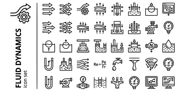 Fluid Dynamics Hydraulics Bold Line Icons-Laminar Flow Turbulent Bernoulli Pascal Buoyancy Hydraulic Reynolds Viscosity-20 Fluid Icon Set Vector - Hydraulics Icons
