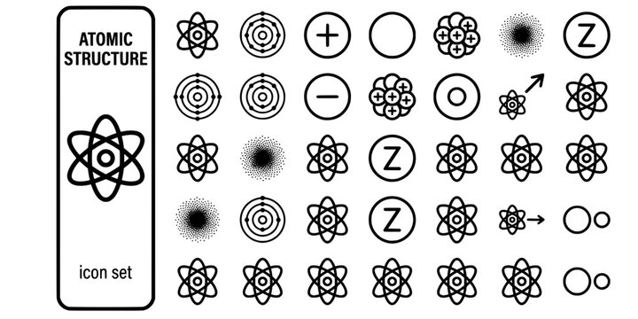 Atomic Structure Bold Line Icons-Bohr Atom Electron Shell Proton Neutron Nucleus Electron Cloud Isotope Ionization-20 Atomic Icon Set Vector - Atomic Structure Icons