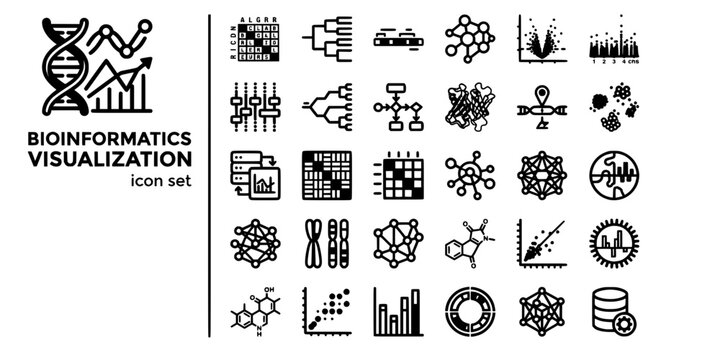 Bioinformatics Visualization Bold Line Icons-Sequence Alignment Phylogenetic Protein Domain Gene Ontology Volcano Plot GWAS-20 Bioinformatics Icon Set Vector - Computational Biology Icons