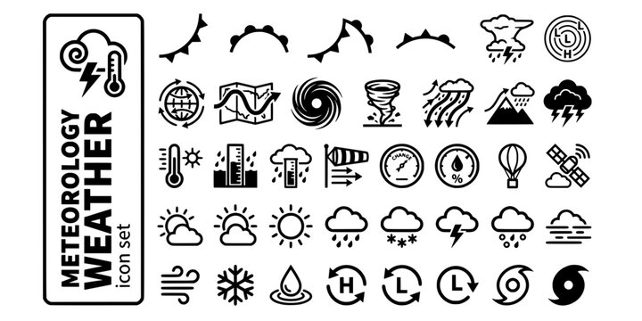 Meteorology Weather Systems Bold Line Icons-Weather Front Cumulonimbus Pressure Coriolis Jet Stream Hurricane Tornado Monsoon-25 Meteorology Icon Set Vector - Weather Science Icons