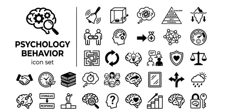 Psychology Behavior Bold Line Icons-Pavlov Conditioning Skinner Maslow Pyramid Freud Iceberg Attachment Cognitive Load Reinforcement-25 Psychology Icon Set Vector - Behavior Science Icons