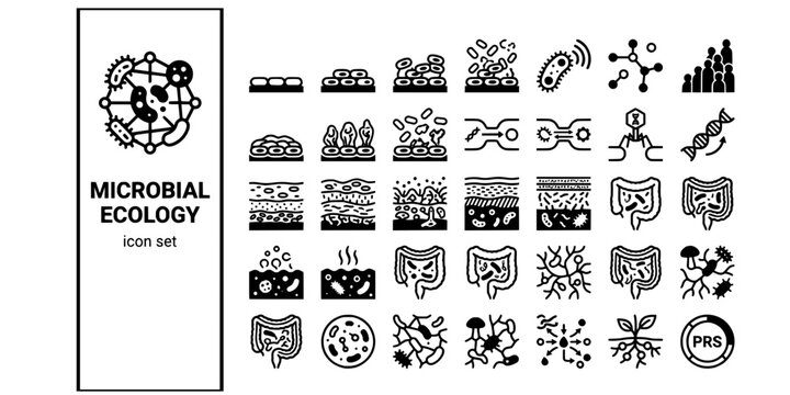 Microbial Ecology Bold Line Icons-Biofilm Quorum Sensing Horizontal Gene Transfer Microbial Mat Extremophile Gut Microbiome Soil-20 Microbial Ecology Icon Set Vector - Microbiology Icons