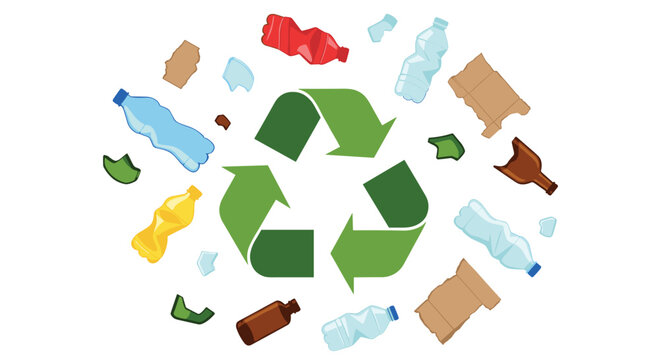 A green recycling symbol is centrally placed with scattered waste items including plastic bottles, broken glass, and cardboard pieces floating around on a white background.