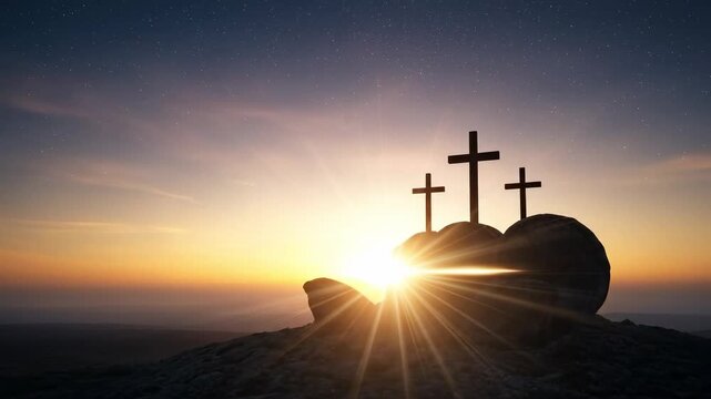 Resurrection Sunday Sunrise Service with Empty Tomb and Three Crosses at Dawn