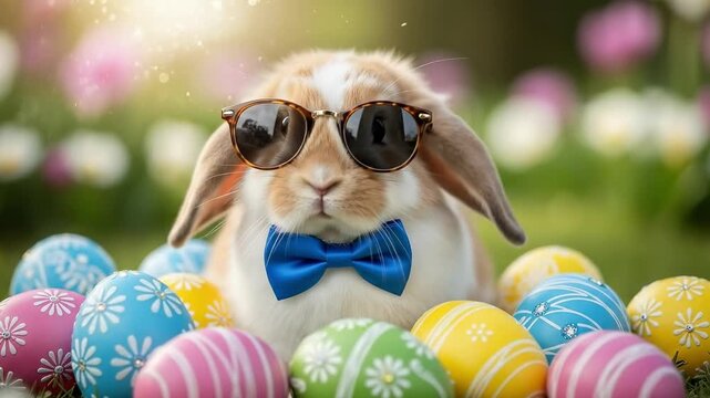 Cool hipster bunny with sunglasses and bowtie sitting among decorated Easter eggs in spring garden