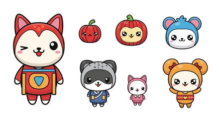 Obraz premium Kawaii Character Collection Featuring Cute Animals and Pumpkin Mascot Icons