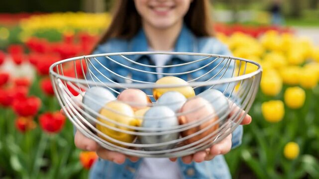 Smiling teenage girl holding a modern wire basket with metallic Easter eggs in a spring tulip field