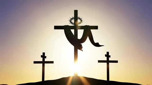 Silhouette of three crosses on a hill with crown of thorns for Lenten season and religious worship