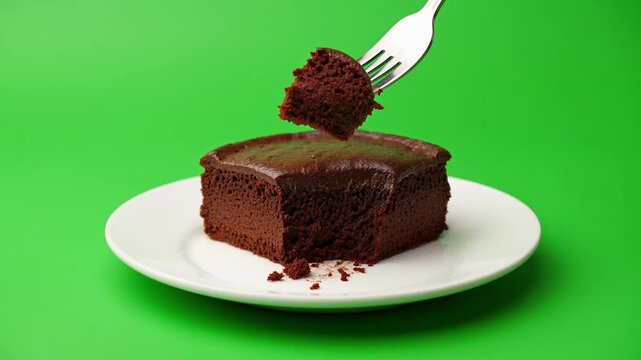 Chocolate cake slice indulgence temptation sweetness craving rich frosting bite lifted with fork moist texture dessert allure appetite satisfaction on green screen background