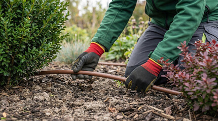 Gardener installing drip irrigation system in garden bed with mulch and plants, close-up on hands with gloves, watering and sustainable gardening concept, outdoor autumn day