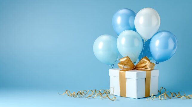 A blue and white balloon arrangement with a white gift box and ribbons on a blue background.