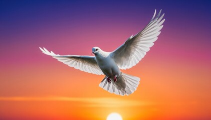 Soaring Dove at Sunset: A pure white dove glides gracefully against a backdrop of a vibrant sunset, embodying freedom and hope.