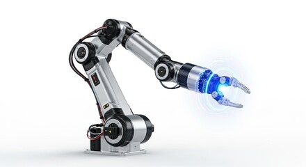 A robotic arm with a glowing blue light on its end, moving in a circular motion against a white background.