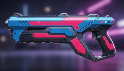 Naklejka premium Futuristic Blaster: A high-tech weapon, with a vibrant color scheme, hinting at advanced technology and excitement, ready for action.