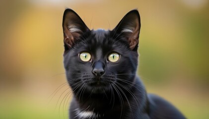 Mysterious Gaze of Black Cat: An up-close portrait of a sleek, black cat with piercing green eyes, conveying a sense of intrigue and quiet observation.