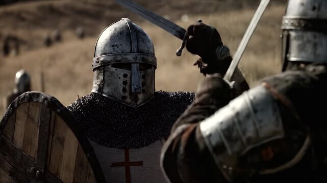 Intense Sword Fight Between Two Armored Warriors
