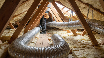 Attic Insulation and Ventilation System Installation: Worker Inspecting Flexible Ducts in Wooden Roof Structure, Home Renovation and HVAC Maintenance Photography