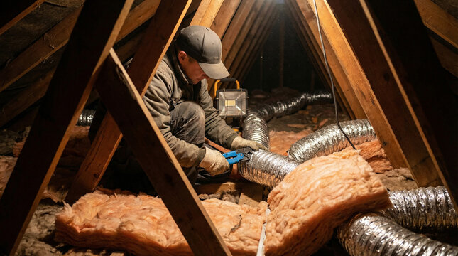 Attic Insulation Installation Photography: Worker Installing Flexible Ducting in Dusty Wooden Loft, Home Improvement and Renovation Niche