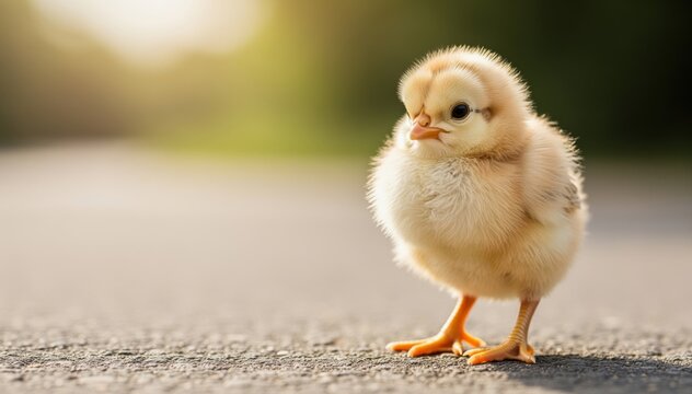 Tiny Chick Standing Tall: A fluffy yellow chick, a symbol of new life and the innocence of nature, stands proudly on the pavement, bathed in soft, golden sunlight.