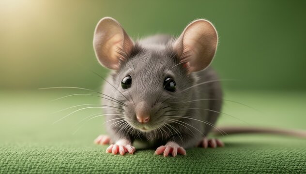 Curious Mouse: A close-up portrait of a small, charming mouse with big ears and beady eyes against a soft, green background. capturing the charm and wonder of the small critter.