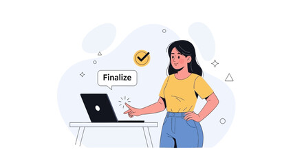 Woman finalizing project on laptop, concept of completion and success