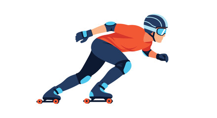 Fototapeta premium A male speed skater with a helmet and protective pads is actively moving forward on roller skates with orange wheels.