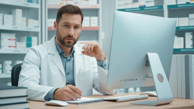 Professional male pharmacist working at a computer in a modern pharmacy. Concentrated medical specialist writing in a notebook. Healthcare technology and medicine management concept.