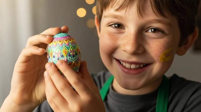 Smiling young boy with freckles holding a hand painted pysanka easter egg