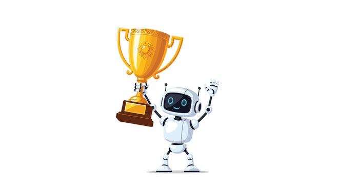 A cheerful white robot with blue eyes and antennae is happily holding a large golden trophy high with both arms in celebration.
