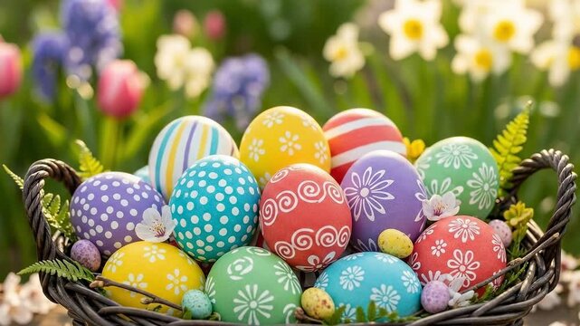 Colorful handpainted folk art Easter eggs in a wicker basket in a spring garden