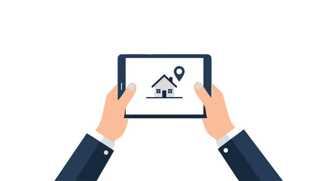 A pair of human hands in suit sleeves holding a horizontal tablet device that displays a house icon with a location pin on its screen.