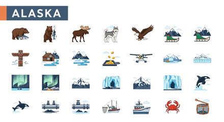 Fototapeta premium Alaska Icons Set Featuring Wildlife Landscapes and Transportation Elements