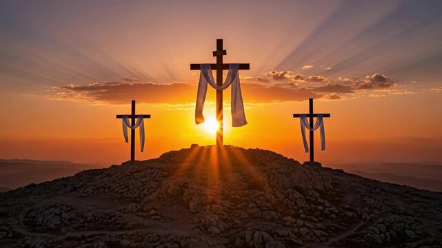Three wooden crosses on a rocky hill at sunrise with white cloth, Easter Sunday resurrection morning