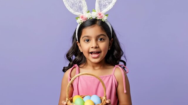 South Asian Girl Wearing Bunny Ears Holding Easter Basket with Eggs on Purple Background