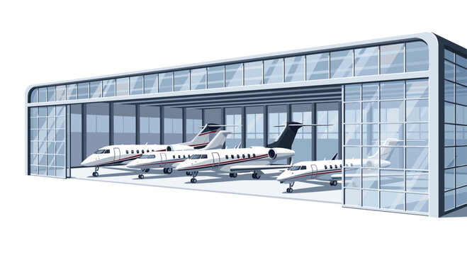 A contemporary glass-fronted aircraft hangar showcases multiple luxurious private jets neatly parked inside its expansive interior.