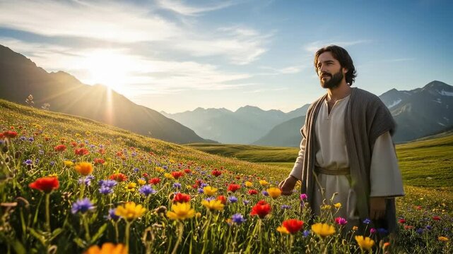 Middle Aged Man as Jesus Christ in Wildflower Meadow, Consider the Lilies Biblical Scene