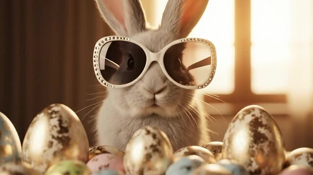 Cool Easter Bunny Wearing Sunglasses with Luxury Gold Foil Eggs, Festive Holiday Decor