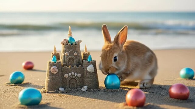 Adorable brown bunny by a sandcastle and colorful Easter eggs on a sunny tropical beach
