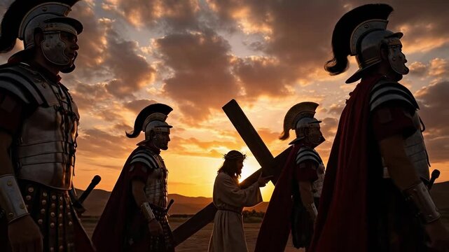 Jesus Carrying Cross with Roman Soldiers at Sunset, Biblical Passion Play Reenactment