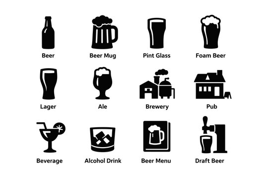Beer icons set with various glasses, brewery, pub, beverage, alcoholic drink symbols