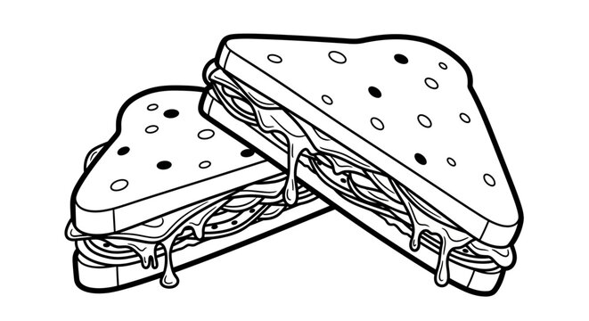 Illustration of two sandwiches with filling being pulled apart, showcasing the contents in a simple line drawing style from a slightly angled viewpoint