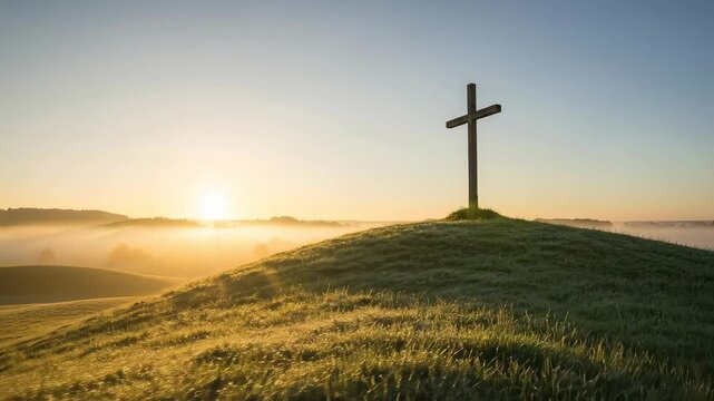 Wooden Cross on Grassy Hill at Sunrise for Easter Morning Resurrection Service