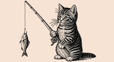 A curious cat holds a fishing rod with a caught fish, sitting upright and looking directly at the viewer with a delightful expression. © Charlie
