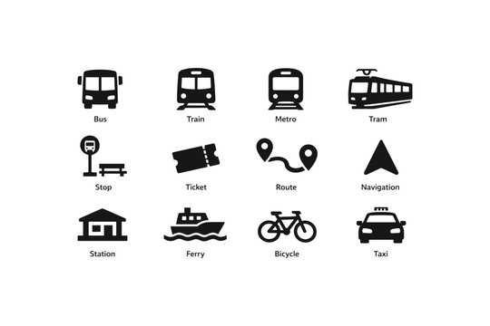 Transportation icons set: bus, train, metro, tram, ferry, bicycle, taxi