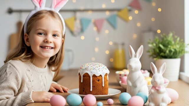 Cute Caucasian girl wearing bunny ears smelling sweet Easter bread with colorful eggs