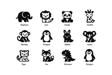 Fototapeta premium Cute animal icons set: elephant, lion, panda, giraffe, monkey, penguin, rabbit, koala, tiger, fox, dinosaur